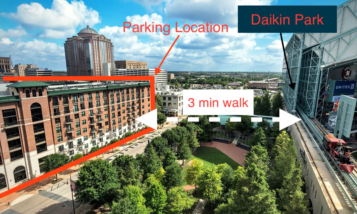 Aerial photo of the 500 Crawford Street garage, a 3 minute walk to Daikin Park
